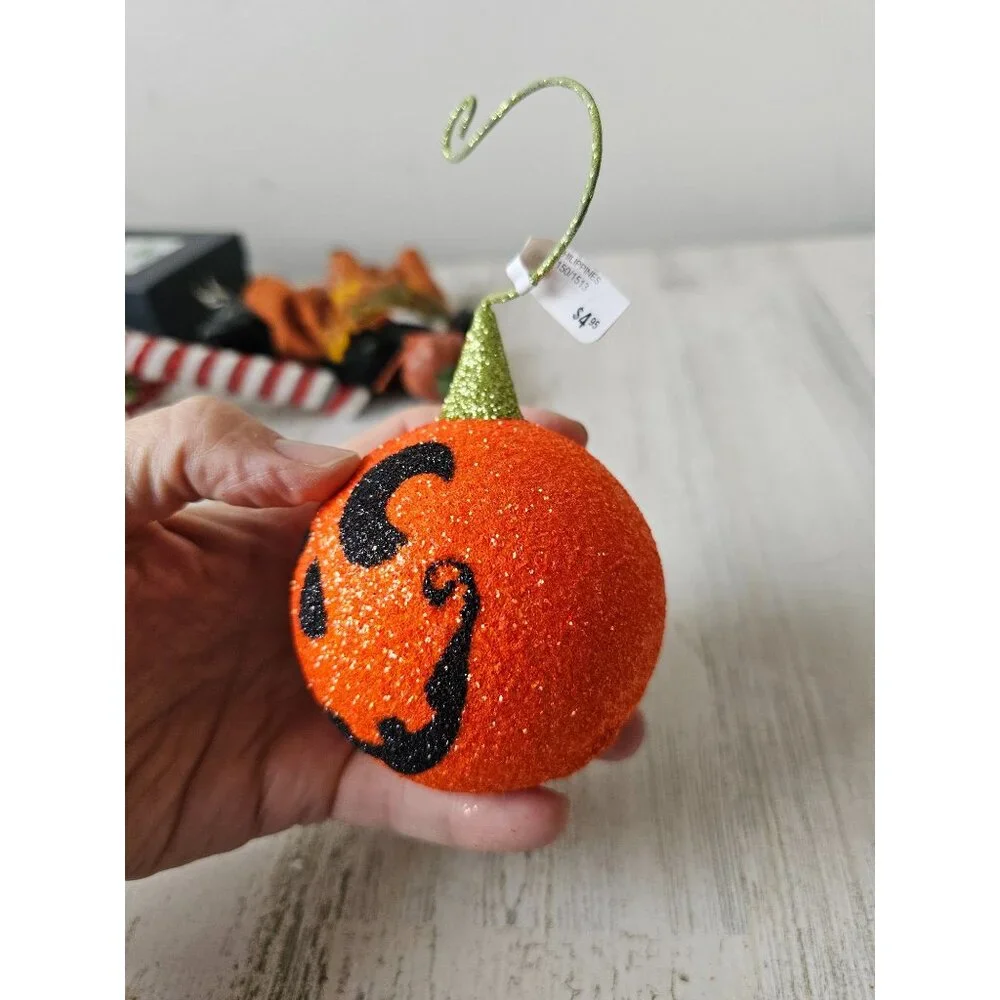 Pier‎ 1 pumpkin jack-o'-lantern glitter ornament RARE sparkle frayer Xmas tree